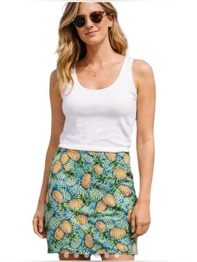 Talbots Pineapple Print Skirt Women's Blue Green Yellow Size 4 Stretch Cotton